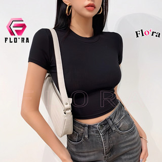 Áo croptop tay ngắn cổ tròn trơn chất thun gân, áo thun ôm body kiểu basic nữ đẹp tôn dáng flo'ra
