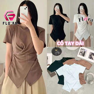 Áo thun xoắn eo vạt chéo nhọn chất thun gân, áo cộc tay cổ tròn dáng dài vạt lệch kiểu hàn quốc flo'ra
