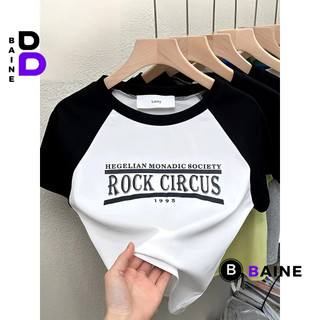 Áo croptop phối tay raglan rock circus 1995 chất borip, áo thun tay ngắn cổ tròn nữ in hoạ tiết ôm body tôn dáng baine