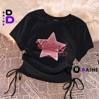 Áo Croptop Ôm Body Tay Ngắn Cổ Tròn SAO VICTORY Đẹp Sexy Nữ, Áo Thun Có Dây Rút Chất Borip Kiểu In Họa Tiết BAINE