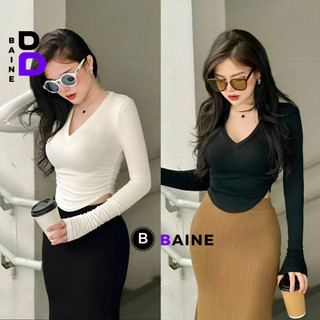 Áo Croptop TAY DÀI CỔ TIM VẠT TRÒN BẦU Chất Gân Ôm Body Nữ BM00_BM295, Áo Thun Crt Cổ V Kiểu Sexy Tôn Dáng BAINE