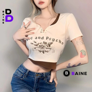 Áo Croptop Nữ HOA HỒNG ROSE móc gài phối cổ xẻ V Thun Gân Kiểu Sexy Nữ, Áo Thun Ôm Body In Hoạ Tiết Đẹp Tôn Dáng BAINE