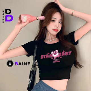 Áo Croptop Tay Ngắn Cổ Tròn GẤU STRAWBERRY Chất Thun Borip Kiểu Sexy Nữ, Áo Thun Ôm Body In Hoạ Tiết Đẹp Tôn Dáng BAINE