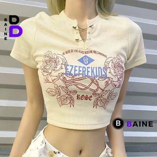 Áo Croptop Cổ Tròn Tay Ngắn HOA HỒNG EZEFRE Chất Thun Borip Kiểu Sexy Nữ, Áo Thun Ôm Body In Hoạ Tiết Đẹp Tôn Dáng BAINE