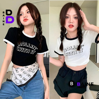 Áo Croptop Tay Ngắn Cổ Tròn ROLLIN PHỐI VIỀN Chất Thun Borip Kiểu Sexy Nữ, Áo Thun Ôm Body In Hoạ Tiết Đẹp BAINE