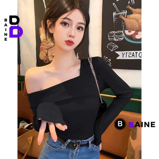 Áo Thun TAY DÀI LỆCH VAI ĐẮP CHÉO Nữ, Áo Babytee Trơn Chất Thun Gân Kiểu Hàn Quốc Dáng Dài BAINE