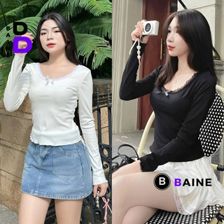 Áo Thun TAY DÀI CỔ TRÒN VIỀN REN ĐÍNH NƠ Nữ, Áo Babytee Trơn Chất Thun Gân Kiểu Hàn Quốc Dáng Dài BAINE
