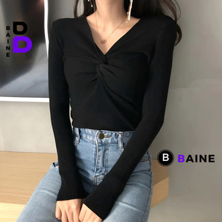 Áo Thun TAY DÀI CỔ V XOẮN NGỰC Nữ, Áo Babbytee Trơn Cổ Tim Chất Thun Gân Kiểu Hàn Quốc Dáng Dài BAINE