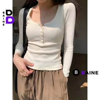 Áo babytee tay dài dáng dài cổ u nút bấm chất thun gân dày, áo thun cổ vuông ôm body kiểu basic nữ