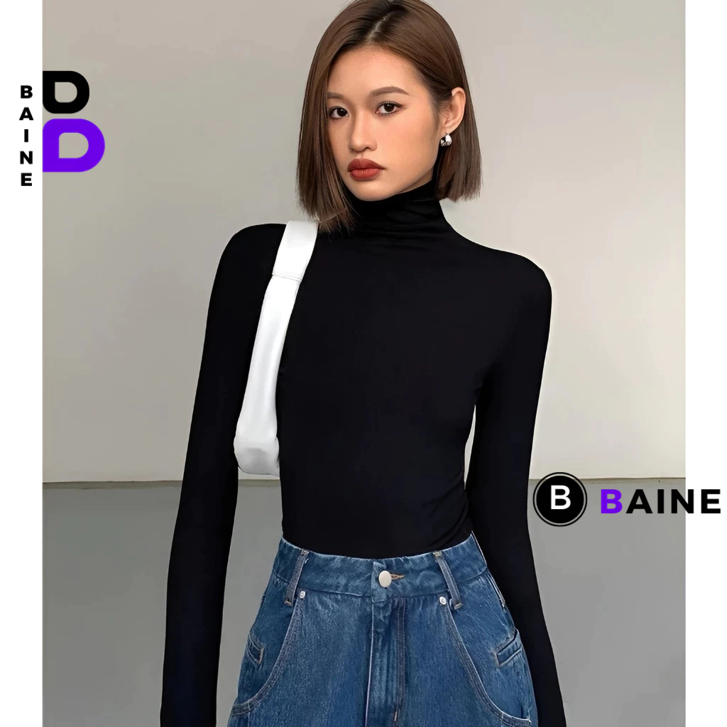 Áo Thun TAY DÀI CỔ LỌ DÁNG DÀI Nữ Chất Thun Gân, Áo Babytee Trơn Cổ Cao Kiểu Ôm Body Sexy Hàn Quốc BAINE