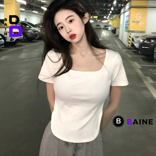 Áo Thun Tay Ngắn CỔ VUÔNG VẠT BẦU DÁNG DÀI Nữ, Áo Cộc Tay Chất Thun Gân Kiểu Hàn Quốc Dáng Dài BAINE