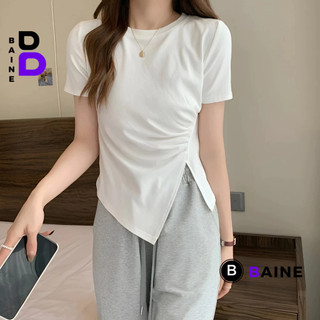Áo Thun Tay Ngắn NHÚN EO VẠT LỆCH XẺ TÀ Cổ Tròn Nữ , Áo Cộc Tay Vạt Chéo Nhọn Thun Borip Kiểu Hàn Quốc Dáng Dài BAINE