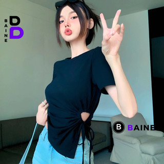 Áo Thun Tay Ngắn KHOÉT EO VẠT LỆCH THẮT DÂY Cổ Tròn Nữ, Áo Cộc Tay Vạt Nhọn Chéo Thun Gân Kiểu Hàn Quốc Dáng Dài BAINE