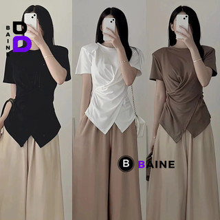 Áo Thun Tay Ngắn XOẮN EO VẠT CHÉO Cổ Tròn Nữ , Áo Cộc Tay Vạt Lệch Nhọn Chất Thun Gân Kiểu Hàn Quốc Dáng Dài BAINE
