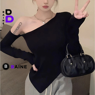 Áo BABY TEE VẠT CHÉO HỞ CỔ DÁNG DÀI Ôm Body Chất Thun Gân Dày, Áo tay dài kiểu nữ mềm mát BAINE