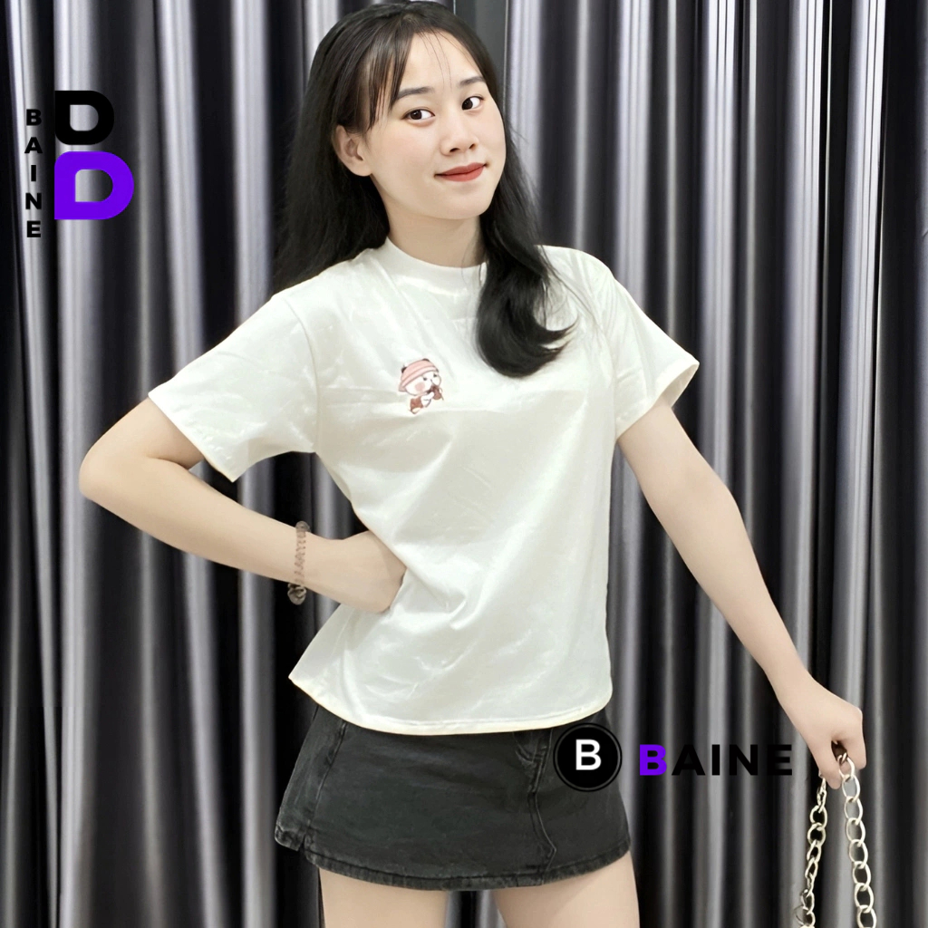 Áo Thun BABY TEE THÊU GẤU FORM RỘNG Chất Thun Cotton Basic Nữ, Áo Thun Form Rộng Nữ Tay Ngắn Cổ Tròn Tôn Dáng Đẹp BAINE