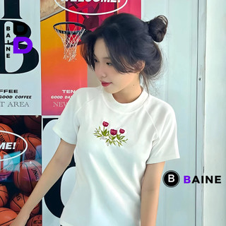Áo Thun BABY TEE THÊU HOA DÁNG DÀI Chất Thun Borip Kiểu Basic Nữ, Áo Thun Ôm Body Nữ Tay Ngắn Cổ Tròn Tôn Dáng Đẹp BAINE