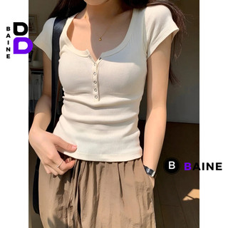 Áo BABY TEE CỔ VUÔNG NÚT BẤM DÁNG DÀI Ôm Body Chất Thun Gân, Áo tay ngắn cổ tròn kiểu nữ mềm mát BAINE