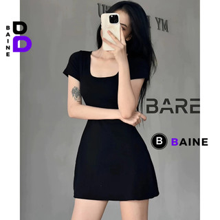 Đầm Váy Body CỔ VUÔNG DÁNG XÒE Tay Ngắn Nữ Chất Thun Gân Kiểu Ôm Body Gợi Cảm Sexy BAINE