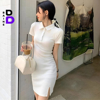 Đầm Váy Body CỔ POLO XẺ ĐÙI Phối Trắng Nữ Kiểu Tay Ngắn Dáng Ôm Body Tôn Dáng Đẹp BAINE