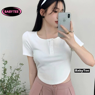 Áo croptop nữ tay ngắn cổ vuông cài nút vạt tròn bầu chất thun gân babytee, áo thun ôm body kiểu trơn basic tôn dáng