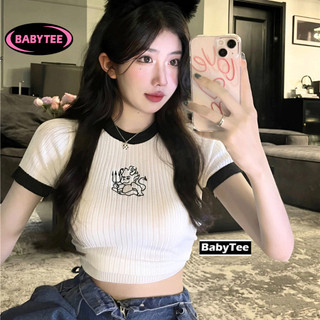 Áo croptop devil thêu chất thun gân/borip, áo thun ôm body phối viền thêu hoạ tiết tôn dáng babytee