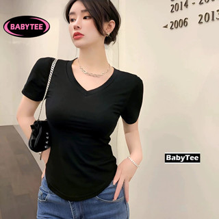Áo thun tay ngắn cổ tim vạt tròn bầu dáng dài chất thun gân, áo babytee cộc tay nữ trơn ôm body babytee