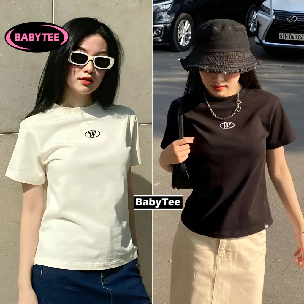 Áo BABY TEE CHỮ W cổ tròn tay ngắn dáng dài đẹp, Áo thun ôm body kiểu basic chất borip in hình