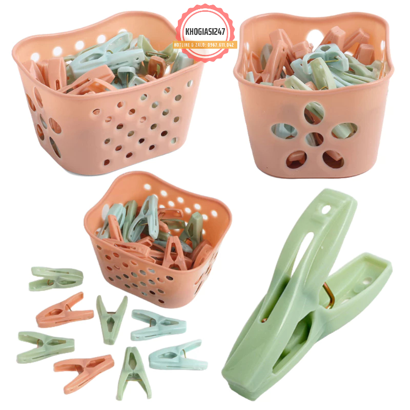 Set 30 Kẹp Nhựa Chữ A Phơi Quần Áo Kèm Rổ Đựng Tiện Dụng, Đầu Kẹp Gợn Sóng Giữ Chặt Quần Áo, Chất Liệu Cứng Cáp, Bền Bỉ