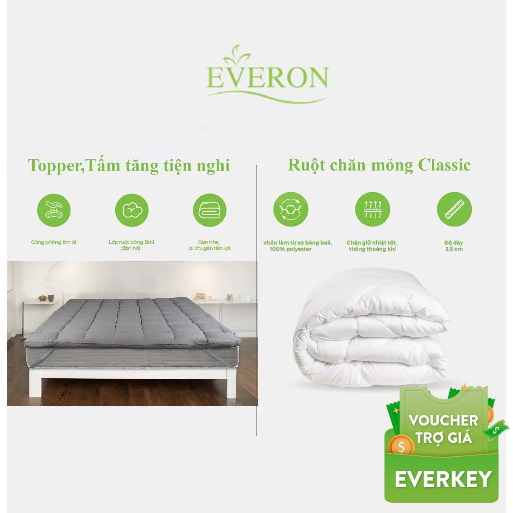 Combo chăn ấm đệm êm Everon ( 1 Topper 7cm kích thước tùy chọn + 1 Ruột chăn 200*220)