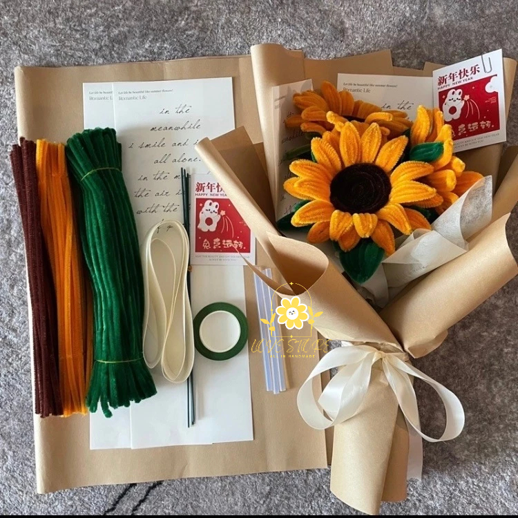 [TẶNG TÚI ĐỰNG] Bộ dụng cụ làm bó hoa hướng dương từ kẽm nhung tặng tốt nghiệp, 8/3, 20/10