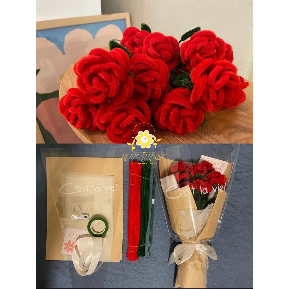 [TẶNG TÚI ĐỰNG] Bộ dụng cụ làm bó hoa hồng xoắn từ kẽm nhung tặng tốt nghiệp, 8/3, 20/10, valentine.