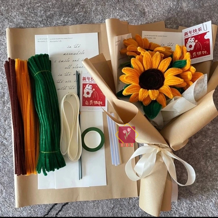 [TẶNG TÚI ĐỰNG] Bộ dụng cụ làm bó hoa hướng dương từ kẽm nhung tặng tốt nghiệp, 8/3, 20/10
