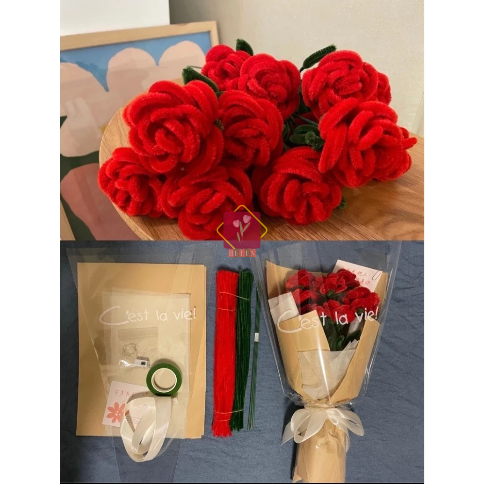 [TẶNG TÚI ĐỰNG] Bộ dụng cụ làm bó hoa hồng xoắn từ kẽm nhung tặng tốt nghiệp, 8/3, 20/10, valentine.