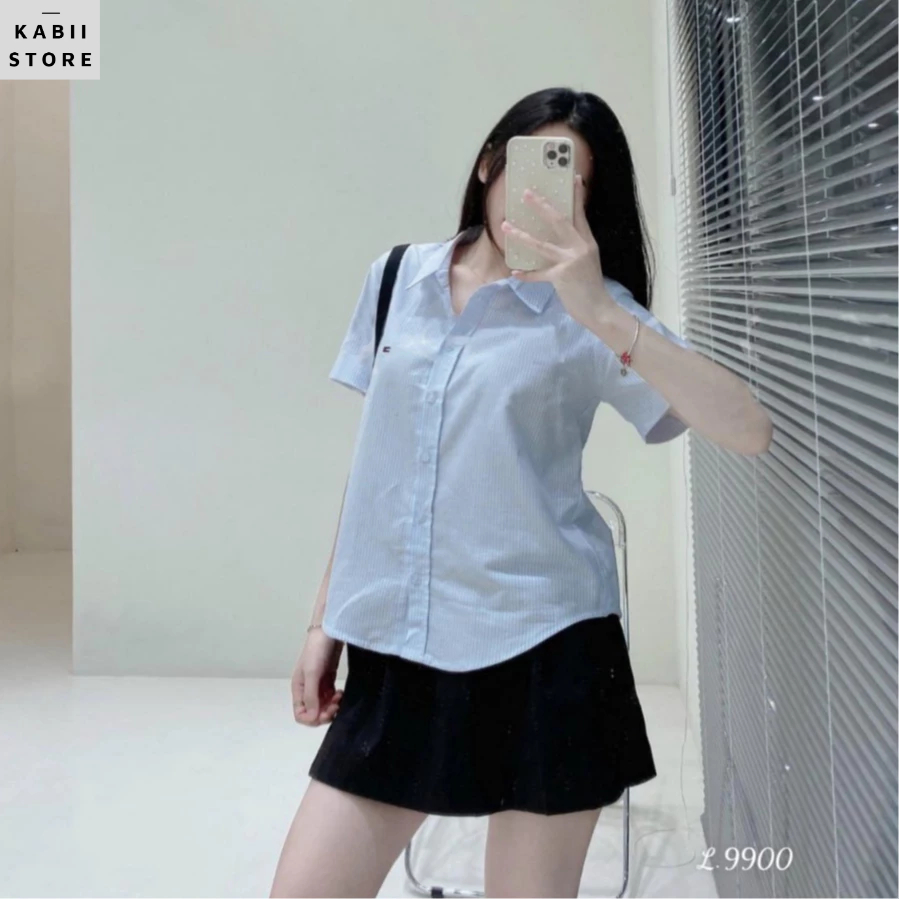 Áo sơ mi nữ kẻ thêu logo T.omy nhiều màu, chất vải thô lien chuẩn đủ size S M L
