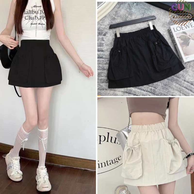 Chân Váy KaKi Chữ A Túi Hộp Lưng Chun Phong Cách Hàn Quốc Có Quần Trong Lên From Xinh