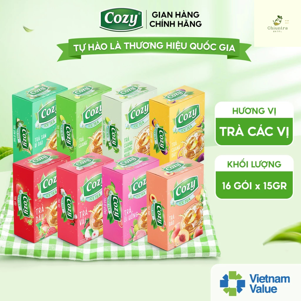 Trà Cozy Hòa Tan Ice Tea Các Vị Thức Uống Giải Khát Thanh Nhiệt Tươi Mát Trà Đào, Trà Chanh, Trà Vải (Hộp 16 gói x 15gr)
