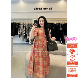 Váy kẻ lượn sóng mở cúc cho bé ti Tặng tag cài váy, Đầm bầu kẻ sơ mi bigsize
