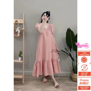 Váy bầu kẻ hồng cổ V đuôi cá dáng dài tặng kèm tag cài bigsize, Đầm bầu kẻ chun ngực đuôi cá dáng dài