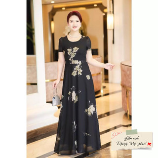 Đầm Maxi Voan cổ tròn hoa mẫu đơn Ladyshop thời trang trung niên cao cấp T277