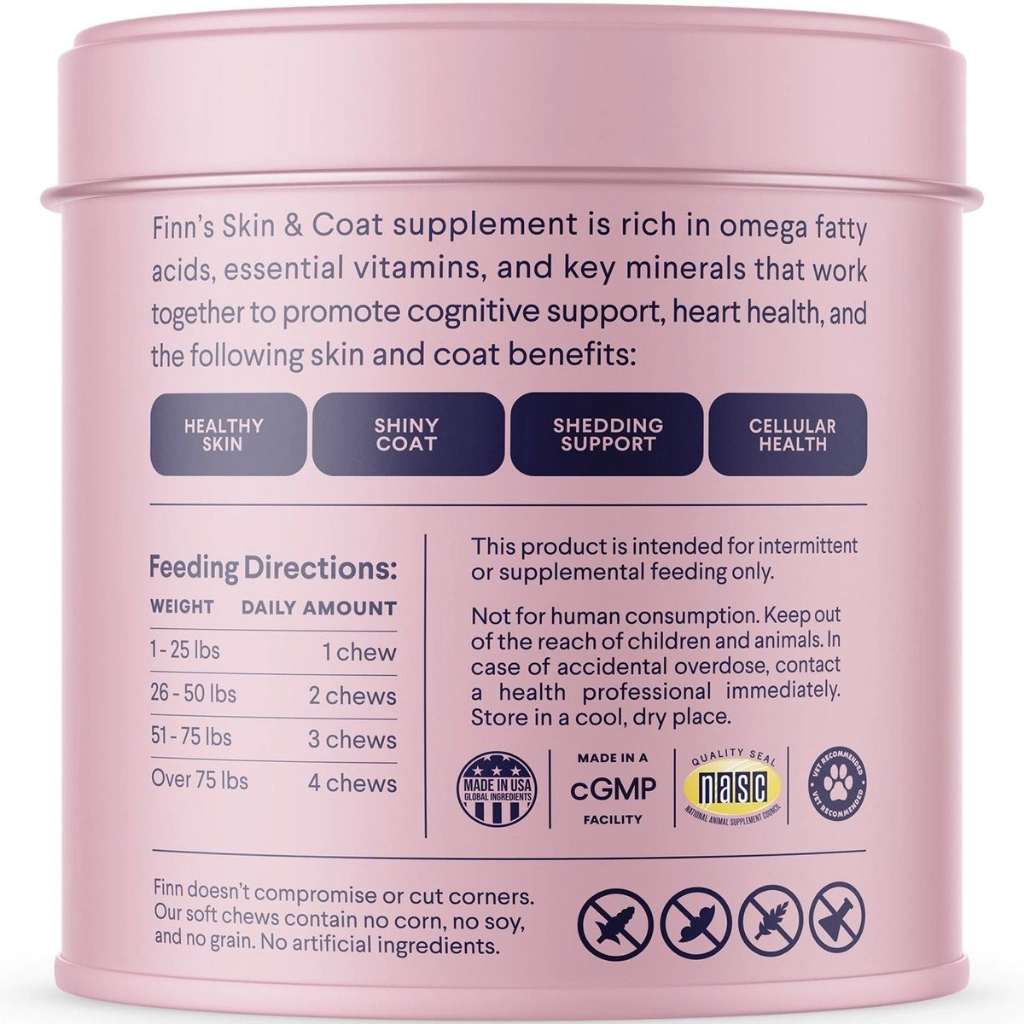 Viên Bổ Nhai Mềm Cải Thiện Da Lông Cho Chó, Finn Skin and Coat, Lông Dày Sáng Bóng, Từ Cá Hồi Alaska, EPA, DHA, Biotin