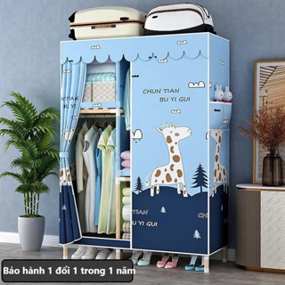 Tủ quần áo tủ vải đựng quần áo tủ vải khung gỗ 2 buồng bọc nhựa chống ẩm mốc tủ 2 buồng 4 ngăn