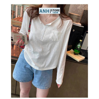 Áo thun nữ PHỐI TÚI DÀI TAY, lai bầu, xẻ trụ nút chất xược ANHSTORE ,tay dài nữ kiểu phom lửng phối nút vạt bầu pastel