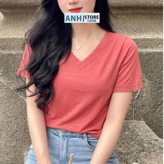 Áo thun chất xược cổ tim cổ V nữ, tay ngắn ANHSTORE, thun giấy cổ tim nữ phong cách Hàn Quốc