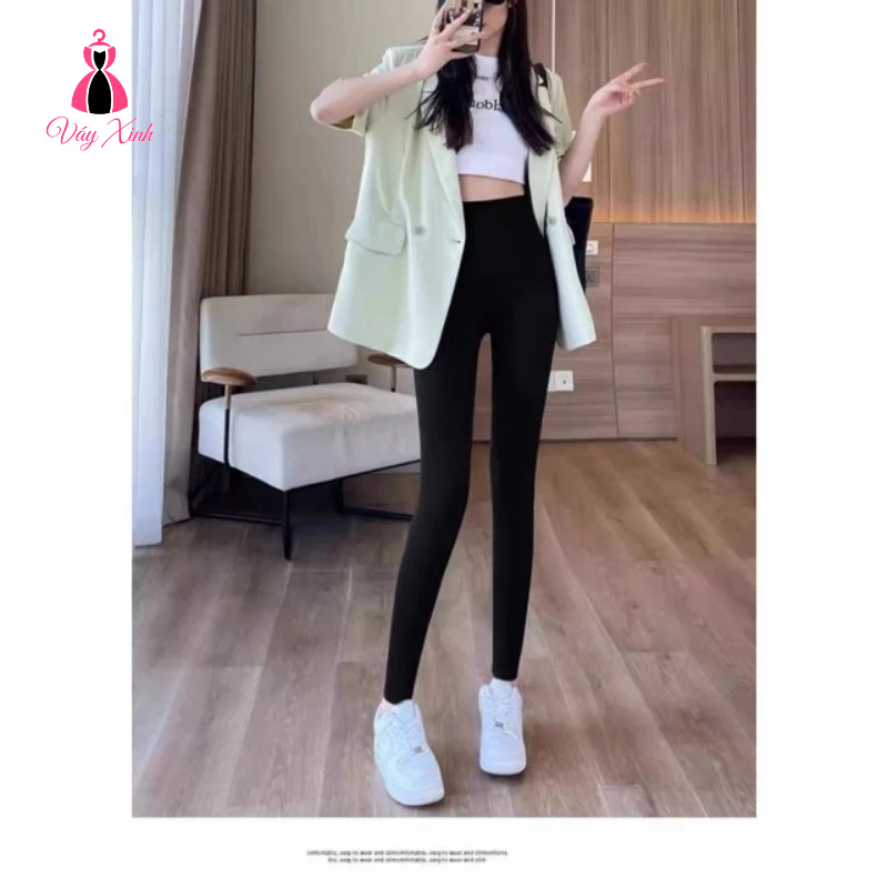 Quần legging nữ cạp cao, 2 túi sau, cạp chun vải cotton co giãn 4 chiều