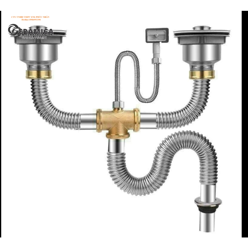 Bộ xả  bồn rửa chén inox 304, chậu rửa chén đôi ống inox và co bằng đồng.