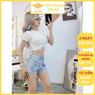 Áo Thun Tăm Nữ Cộc Tay Cổ Bo Tròn Dáng Ôm Eo Croptop Sexy Lên Dáng Siêu XInh Phối Dây Đá GOSS GA927 Áo Thun Đi Chơi Hè