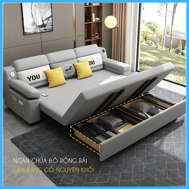 Giường sofa thông minh có hộc chứa đồ bọc vải lạnh mịn nhập khẩu cao cấp-bảo hành 3 năm