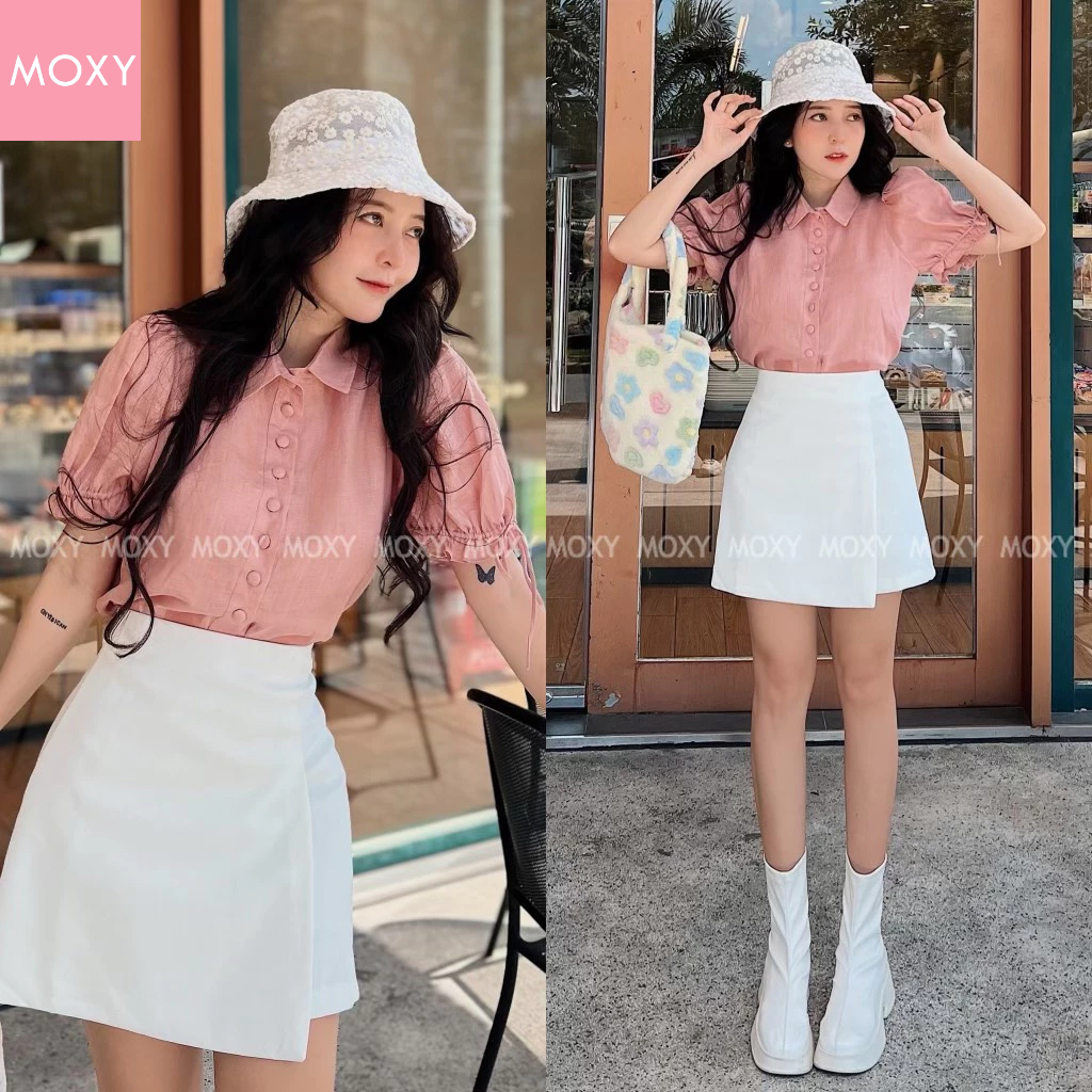 SP009110-Áo somi tay phồng nút bọc