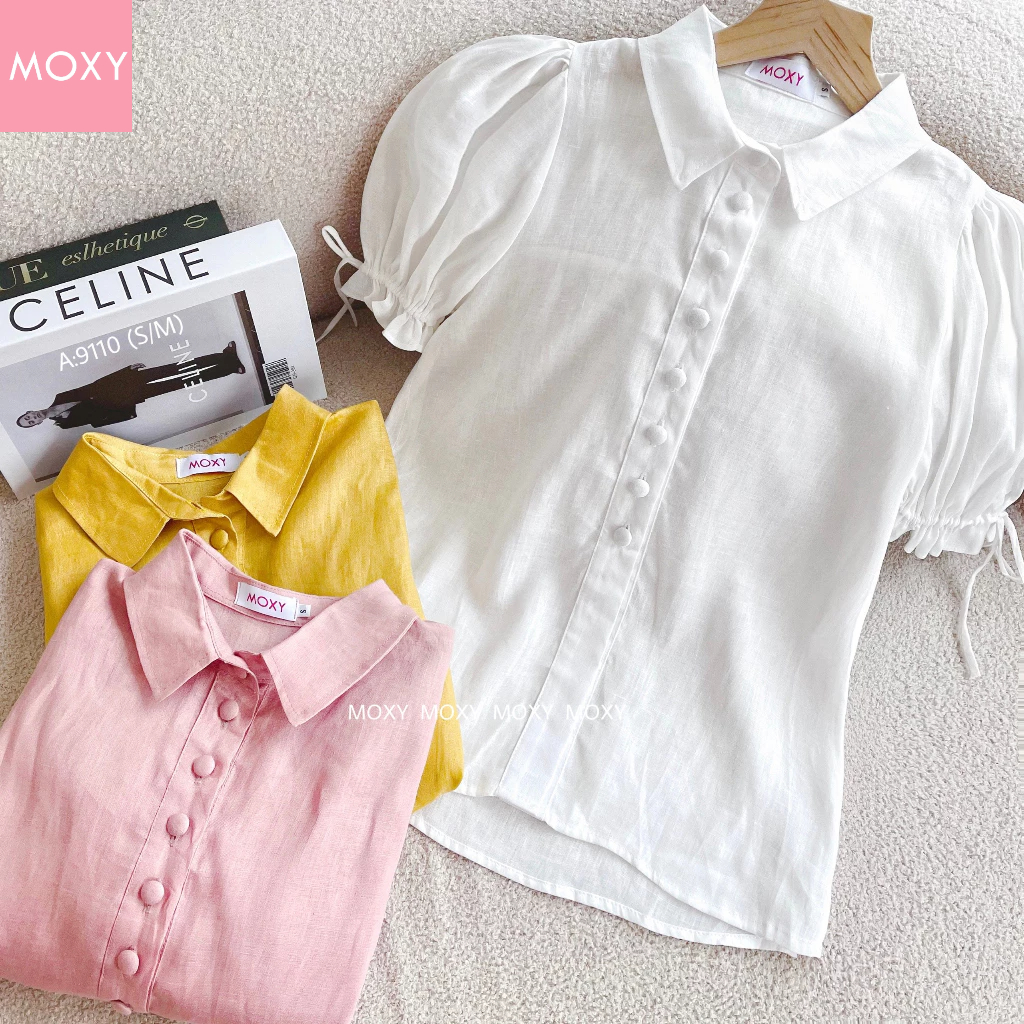 SP009110-Áo somi tay phồng nút bọc